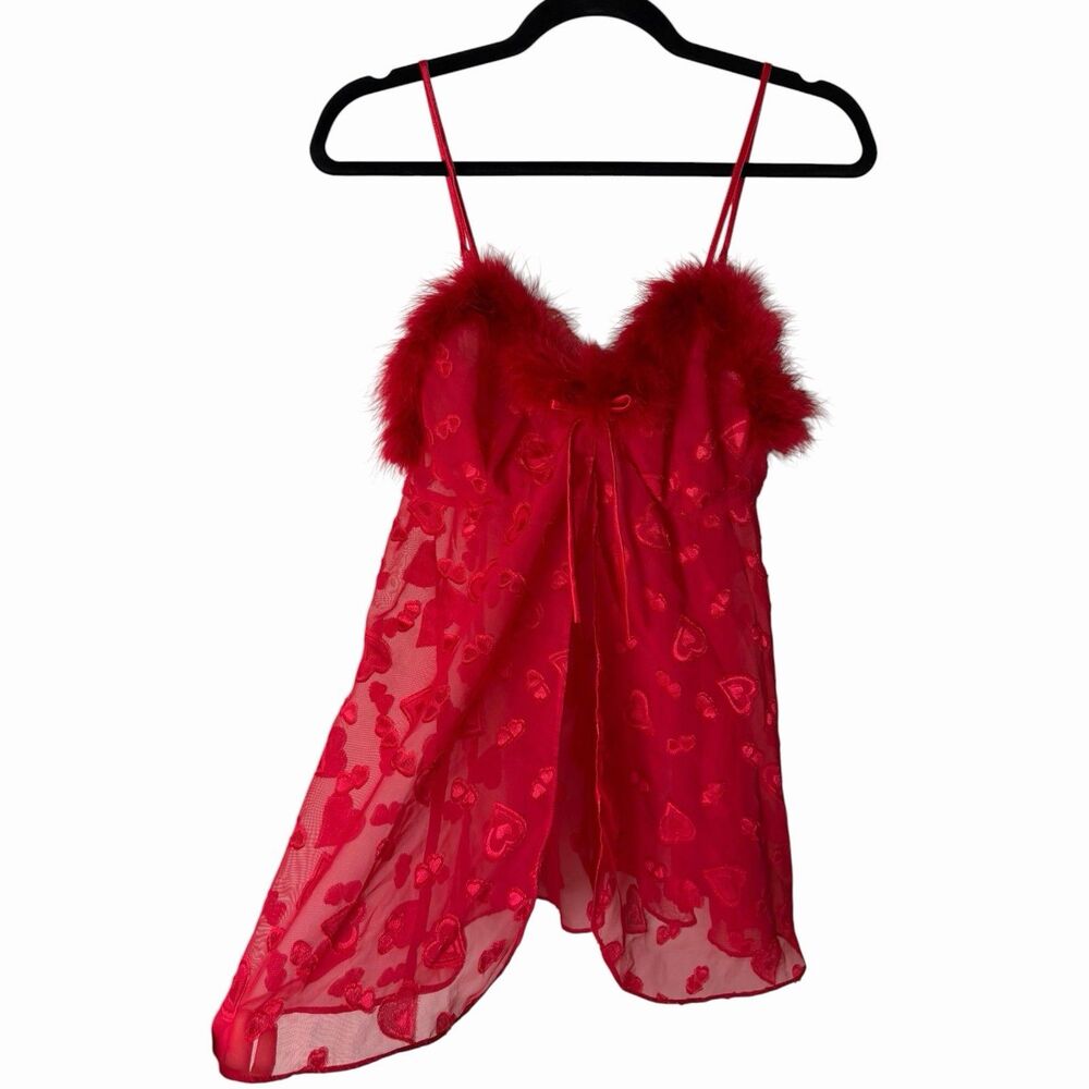 VTG Inner Most Red Heart Mesh Babydoll Chemise Fur Trim Y2K Valentine Slip Small